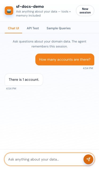 Chat UI answering a question from live Salesforce data