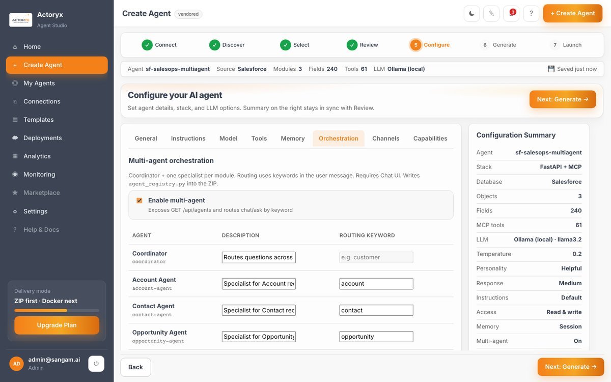 Actoryx Agent Studio — multi-agent registry auto-generated from a real Salesforce org