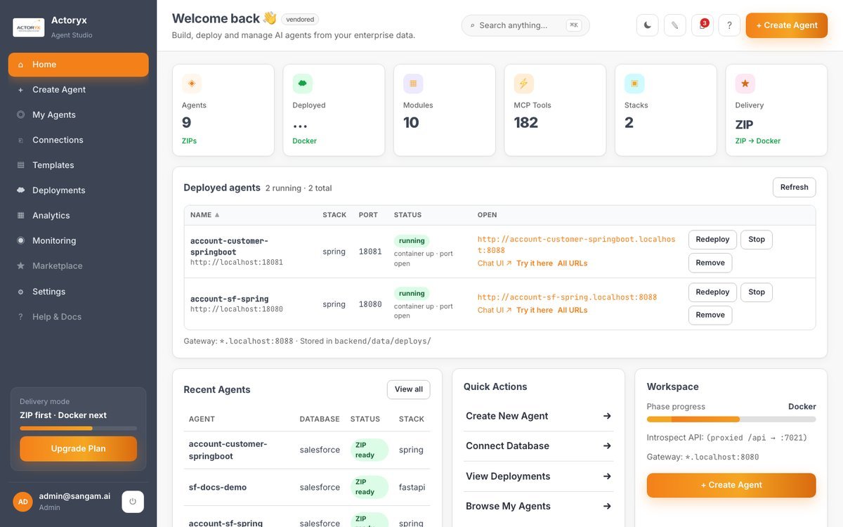 Actoryx Agent Studio home dashboard